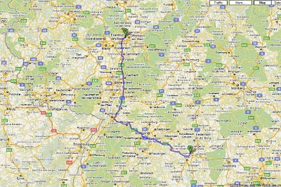 Friday 16 July, 2010    At around 10:00 after breakfast, we said our sad goodbyes to Claus and headed for Frankfurt about 300 kms away. This map shows where we spent the majority of our time in Europe: Frankfurt, Strasbourg, Stuttgart,  Ulm, Munich and Nürnberg. You could spend a lifetime in these places and still not see all they have to offer.